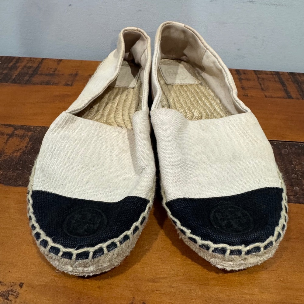 Tory Burch Canvas Espadrille Flats Cream Color-Block Logo Cap Toe Women's 6.5 - Picture 2 of 9